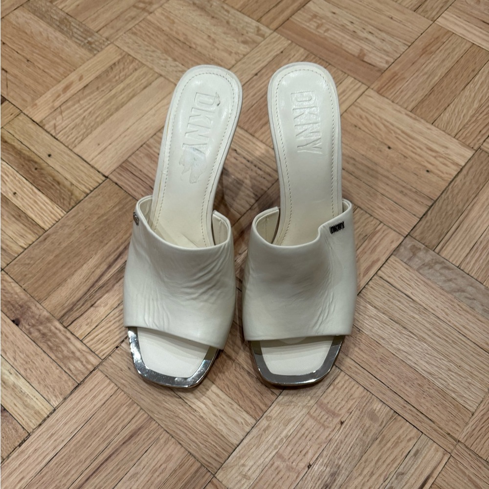 DKNY Women's White Mule heels with Silver Accents. New!!